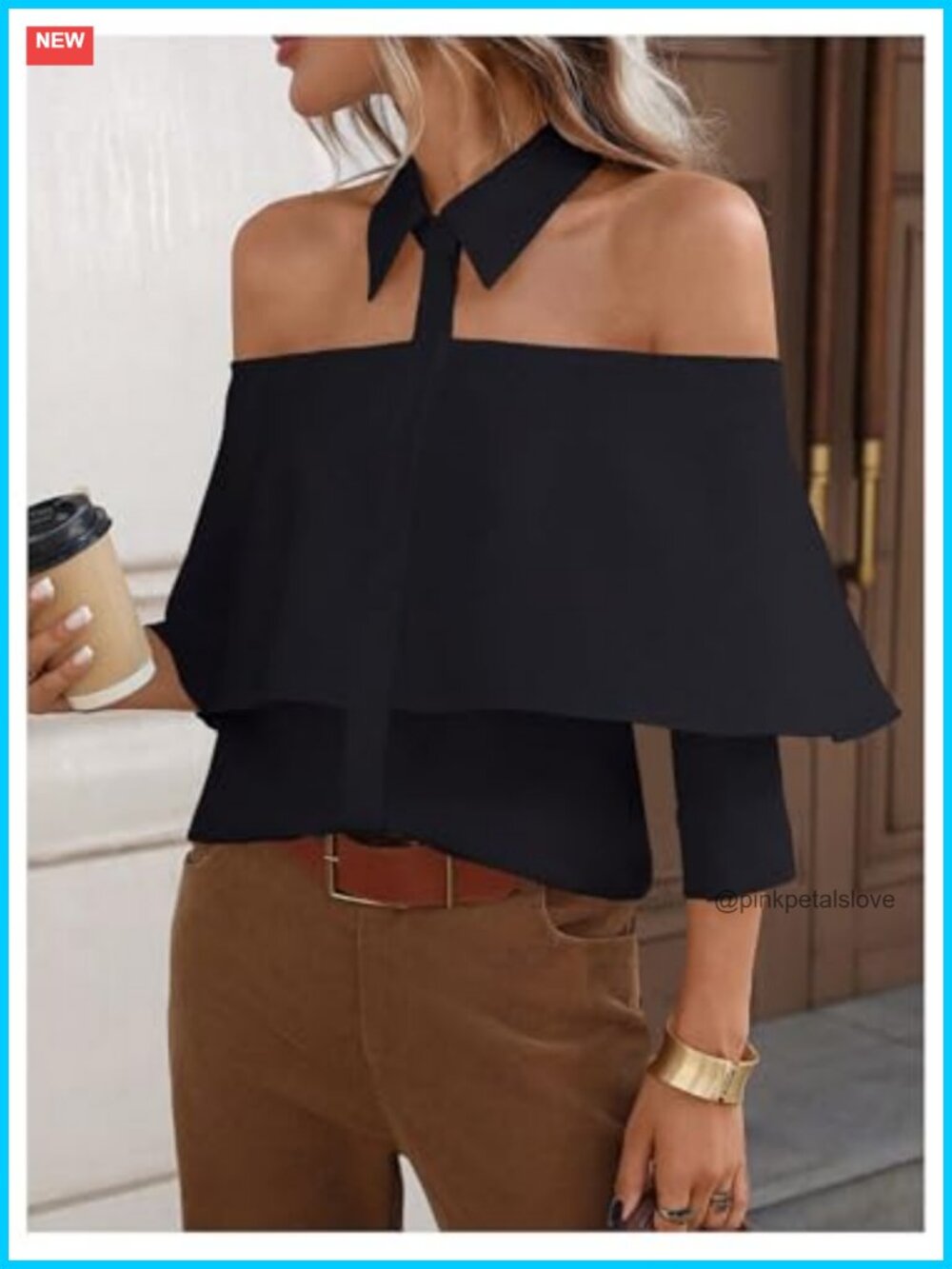 Off Shoulder Button Down Blouse Ruffle Sleeve Keyhole Top Polyester - Picture 2 of 4